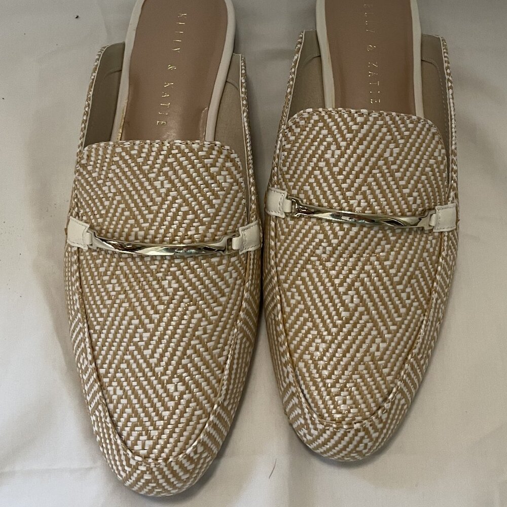Kelly & Katie Woven Raffia Mules with Gold Bar Hardware - Tan/Beige & White